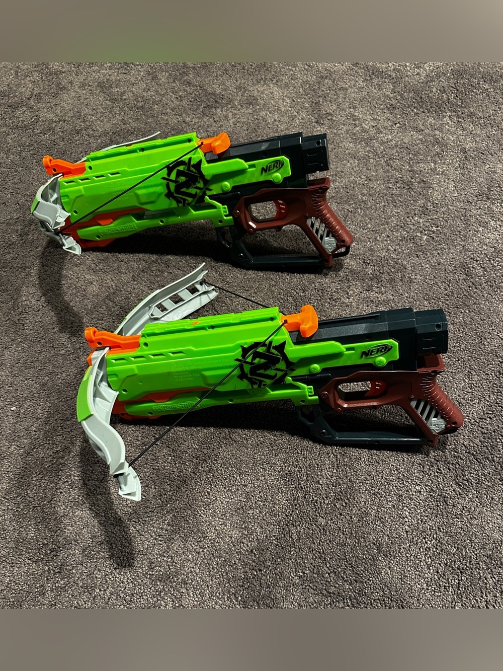 Lot of 2 NERF Zombie Strike Crossfire Bow, darts not included